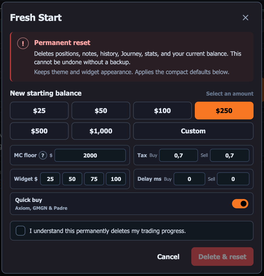 Current papertra.de Fresh Start showing the permanent reset warning, starting balance presets, market-cap floor, taxes, widget amounts, delays, Quick Buy, and confirmation checkbox