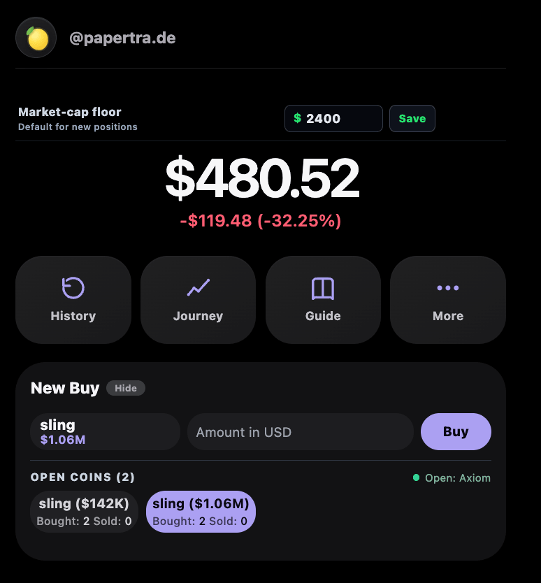 papertra.de Phantom-inspired theme showing a wallet-style dark interface with balance, navigation, and a paper-buy form