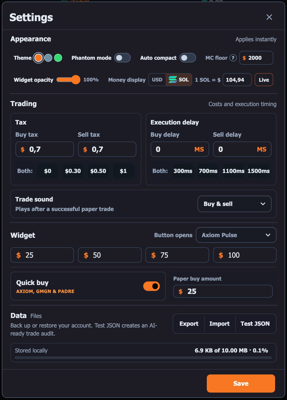 Current papertra.de settings showing themes, SOL and USD display, live SOL rate, taxes, delays, trade sound, widget amounts, Quick Buy, and local backup controls