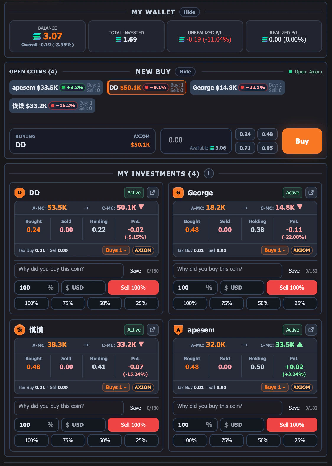 papertra.de wallet and investments view with four open positions, weighted-average entry market caps, journal notes, and percentage sell controls